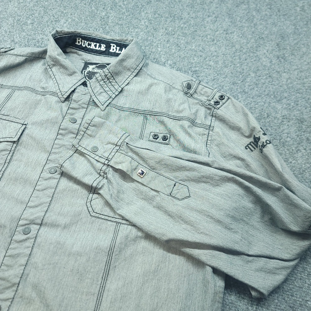 Buckle Black Label No 048 Mens XL Athletic Fit Gray Button Down Shirt Epaulettes